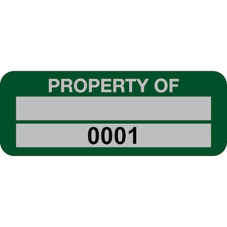 Lustre-Cal Property ID Label PROPERTY OF 5 Alum Green 2in x 0.75in 1 Blank Pad & Serialized 0001-0100, 100PK 253740Ma2G0001